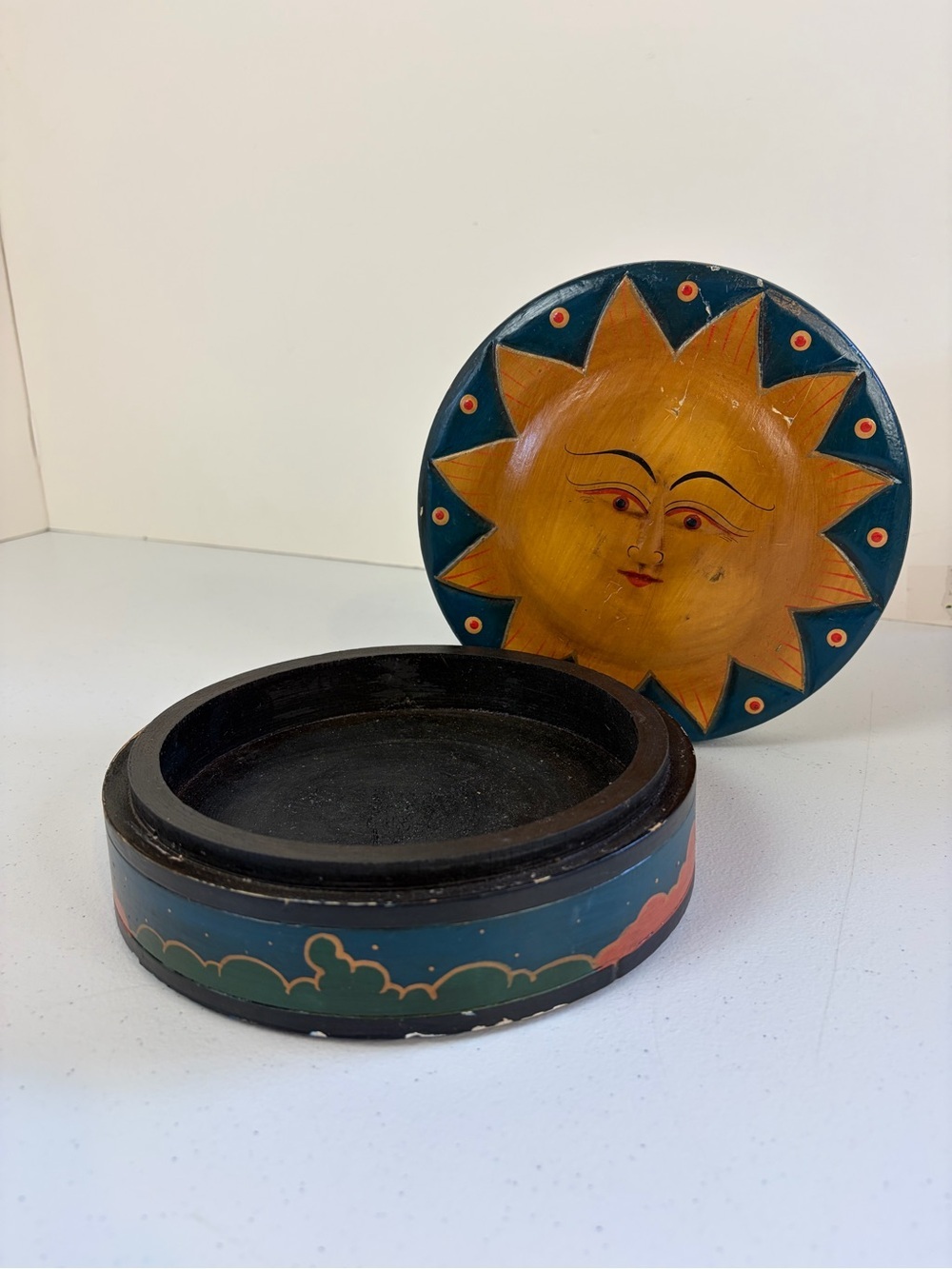 Vintage Wood Sun Moon Trinket Box Celestial Folk Art Boho Home Decor 90s 1990s